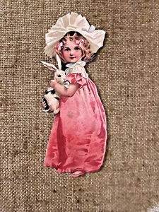 U Choose Vintage Inspired Girl in Pink Dress Rabbit Easter Cardstock Decoration - Picture 1 of 14