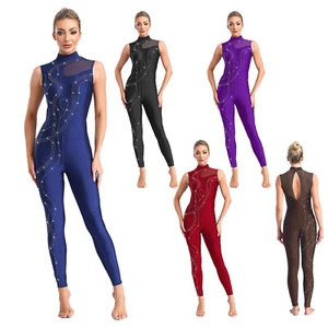 Women Unitards Mock Neck Jumpsuit Figure Skating Bodysuit Gymnastics Leotard - Picture 1 of 51