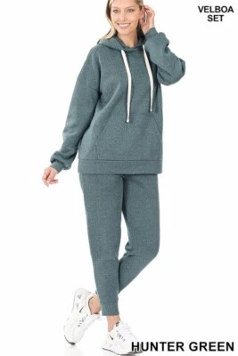 NUEVO Boutique Zenana MELANGE VELBOA SUDADERA CON CAPUCHA Y PANTALONES JOGGER CONJUNTO TALLA GRANDE Foto 1 de 2