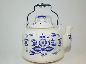 Meissen Pattern Ceramic Tea Pot Kettle Cobalt Blue & White Metal coil handle - Picture 1 of 4