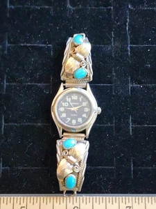 Native American Sterling Silver Tips/10k Gold/Turquoise Watch Band Marked S.Ray  - Picture 1 of 5