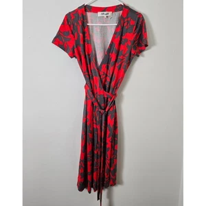 DVF Abigail Kleid Seide Jersey Wickeloptik Damen 4 rot grau Blumen Kurzarm - Bild 1 von 8