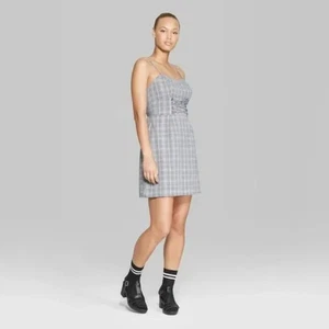 Women's Plaid Strappy Lace-Up Waist Woven Dress - Wild Fable Gray, M - Picture 1 of 5