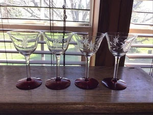4 4 Oz Weston Ruby Foot Etched Star Flower Cocktail Liquor Glasses - Picture 1 of 5