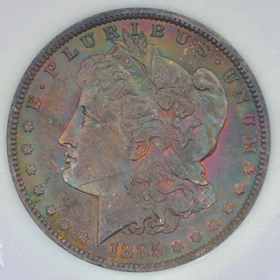Dólar de plata Morgan 1885-O $1 NGC MS62 - precioso tono arco iris de doble cara Foto 1 de 4