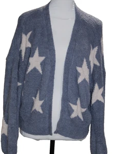 Moon and Madison Womens Cardigan Sweater Blue White Stars Cropped Soft Small - Picture 1 of 6