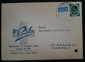 1952 Germany (Federal Rep.) W Pierdolla Postcard ties 2 stamps cancelled Neuwied - Picture 1 of 3