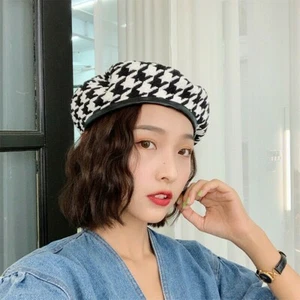 Lady Beret Houndstooth Hat Artist Black White Check Plaid Painter Casual Retro - Picture 1 of 8