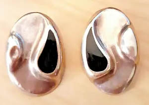 Vintage einzigartige Klasse 925 Silber oval mit Onyx Träne 3D Kurve Design Clipon Ohrringe - Bild 1 von 3