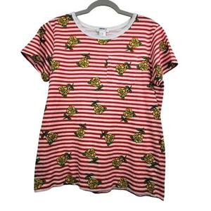 Forever 21 Girls Red & White Striped Yellow Rose Tee Size 13/14 - Picture 1 of 5