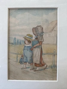 Encantadora acuarela original victoriana antigua de dos niños caminando a la escuela - Imagen 1 de 4