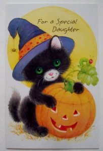 Halloween cat w pumpkin to Daughter UNUSED vintage Halloween greeting card *FF23 - Picture 1 of 3