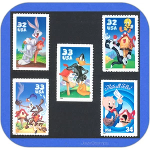 LOONEY TUNES Set completo di 5 francobolli singoli in perfette condizioni #3137, 3204, 3306, 3391, 3534 - Foto 1 di 6