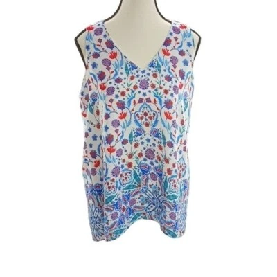 Camiseta sin mangas Adrienne Vittadini floral azul fluido rojo cuello en V forrada para mujer talla M Foto 1 de 4