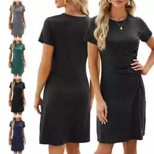 Women U-neck Short Sleeve Mini Dress Ladies Casual Loose Holiday Summer Dress - Picture 1 of 17
