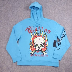 Ed Hardy Hoodie Large Blue Skull Tattoo Drawstring Designer Mens Sweatshirt - Picture 1 of 10