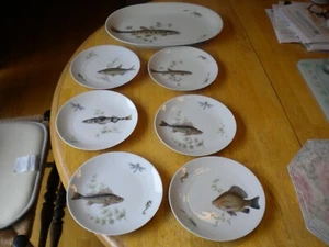 Platos de pescado de Baviera pintados a mano vintage y plato largo espectacular - Imagen 1 de 6