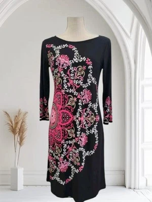 Vestido London Times Talla 6 Negro Rosa Floral Jersey Tejido Manga 3/4 Elastizado Corto Foto 1 de 4
