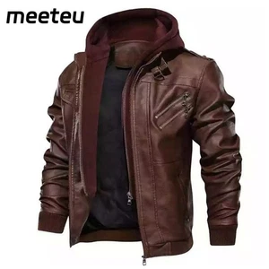 meeteu Men's PU Leather Motorcycle Bomber Jacket with Removable Hood XXXX Large - Picture 1 of 3