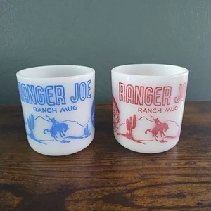 Vintage Hazel Atlas Ranger Joe Ranch Mugs (2) Cup Red/Blue 1950 White Milk Glass - Picture 1 of 8