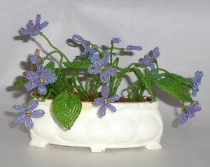 Antique Germany Hand Beaded Glass Violets & Leaves in 5" Flower Pot - Picture 1 of 5
