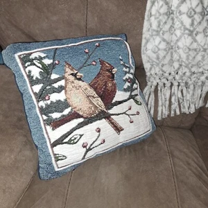 Cardinal Tapestry Accent Throw Pillow Winter Forest Bird Holiday Christmas Soft - Picture 1 of 12