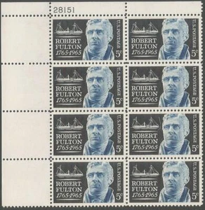 Plate Block of 8 stamps - Scott 1270 - 5 cent - Robert Fulton - 1965 - MNH - Picture 1 of 1