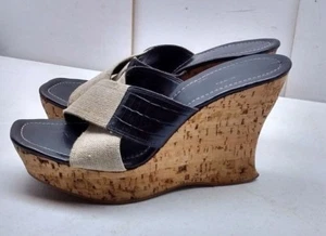 Donald J Pliner Brown Leather Textile Wedge Mule Platform Sandal Women Shoe 9.5M - Picture 1 of 9