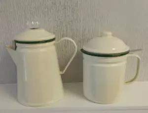 Victor Enamel Coffee Percolater & Oil Strainer Pot Cream with Green Trim NEW - Picture 1 of 15