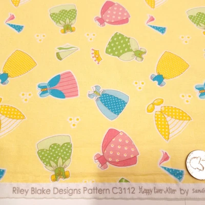 Doll Princess Dresses On Yellow Workman Riley Blake Cotton Fabric WASHED BTHY - Image 1 of 4