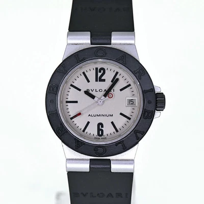Reloj Pulsera BVLGARI Aluminio AL32TA Negro Blanco Plata Cuarzo Goma Mujer USADO Foto 1 de 4
