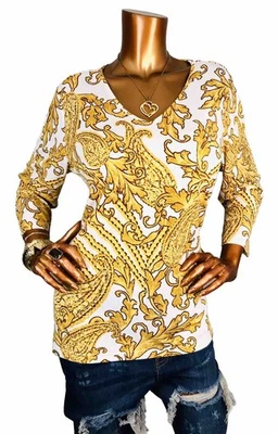 Bob Mackie L верхний эластичной пейсли цветочный барокко печати низкий V вырез блузка 3/4 slv - Изображение 1 из 4