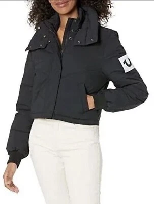 NWT True Religion Women's Double Collar Cropped Puffer Jacket XS Black - Image 1 of 4