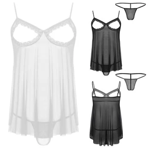Men Sissy Lingerie Lace Trim Open Breast Babydoll Adjustable Dress with G-string - Picture 1 of 25