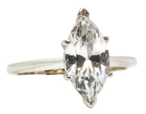 14k White Gold Marquise Cubic Zirconia Gemstone Solitaire Right Hand Ring Size 4