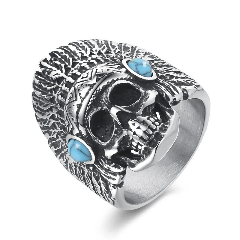 Anillo Jefe Indio Turquesa Azul De Colección Acero Inoxidable Para Hombre Motociclista HipHop Anillo Foto 1 de 4