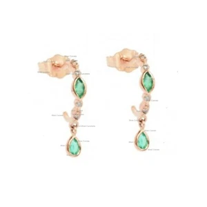 18k Yellow Gold Marquise Emerald & diamond Studs Drop Earrings Fine Jewelry 15mm - Picture 1 of 2