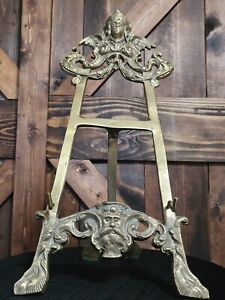 VINTAGE Brass Tall Easel Ornate French Rococo Art Nouveau 15" Tall Faces Display