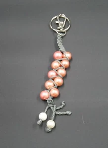 Pink White Faux Pearl Grey Black Macrame Knotted Cord Keychain Bag Charm - Picture 1 of 8