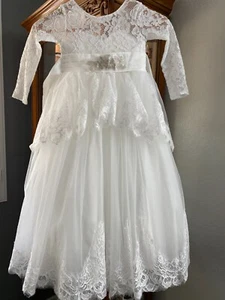 Flower Girl Dress Long Sleeves Lace Top Tulle Skirt Girls Lace Party Dresses - Picture 1 of 8