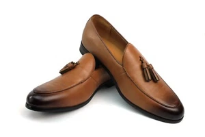 Genuine Leather Cognac Brown Slip On Men's Dress Shoes Loafers With Tassel AZAR - Picture 1 of 7