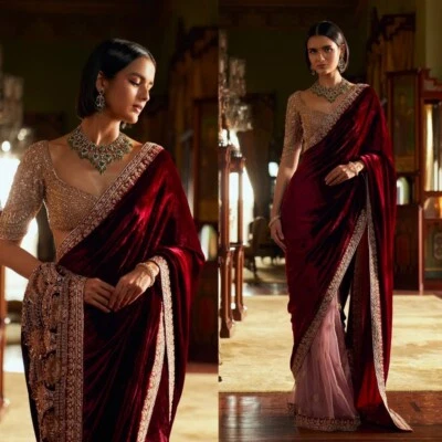 New Launching Velvet saree With Heavy Blouse For Wedding Collection Foto 1 de 4