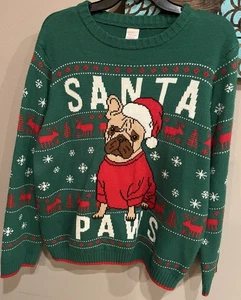 Weihnachtspullover XL (14-16) Ugly Holiday Time Merry Santa Paws Hund Mops grün - Bild 1 von 3