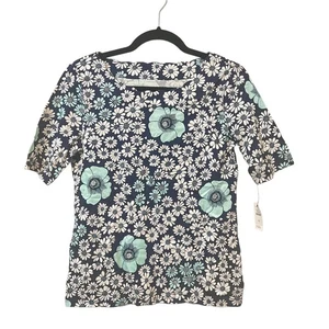 NUOVO top Talbots blu bianco floreale Pima manica 3/4 collo smerlato XS - Foto 1 di 7