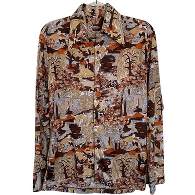 Vintage 70s Men’s Disco Shirt XL Scenic Print Orange Brown Tan Polyester - Image 1 of 4