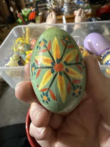 VTG Wooden Painted Egg Blue with Yellow Flowers - Picture 1 of 24