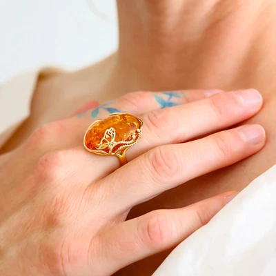 Baltic Cognac Amber Butterfly Ring 14k Gold Plated Sterling Silver Adjustable - Image 1 of 4