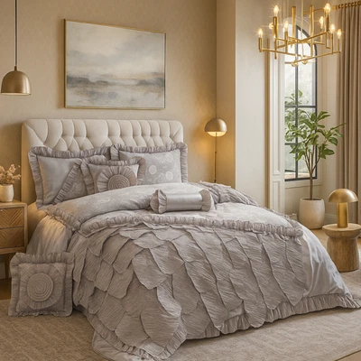 Silver Gray Rose Petal Ruffles Floral Lace Luxury Wedding Bedding Comforter Set - Image 1 of 4