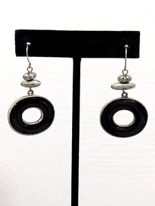 Western Boho Black Enamel Oval Stacked Silver Tone Bead Round Drop Earrings - Picture 1 of 7