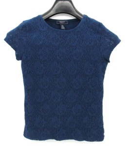 Chaps Ralph Lauren Blouse Womens XS Navy Blue Floral Lace Short Sleeve Lined Top - Picture 1 of 9